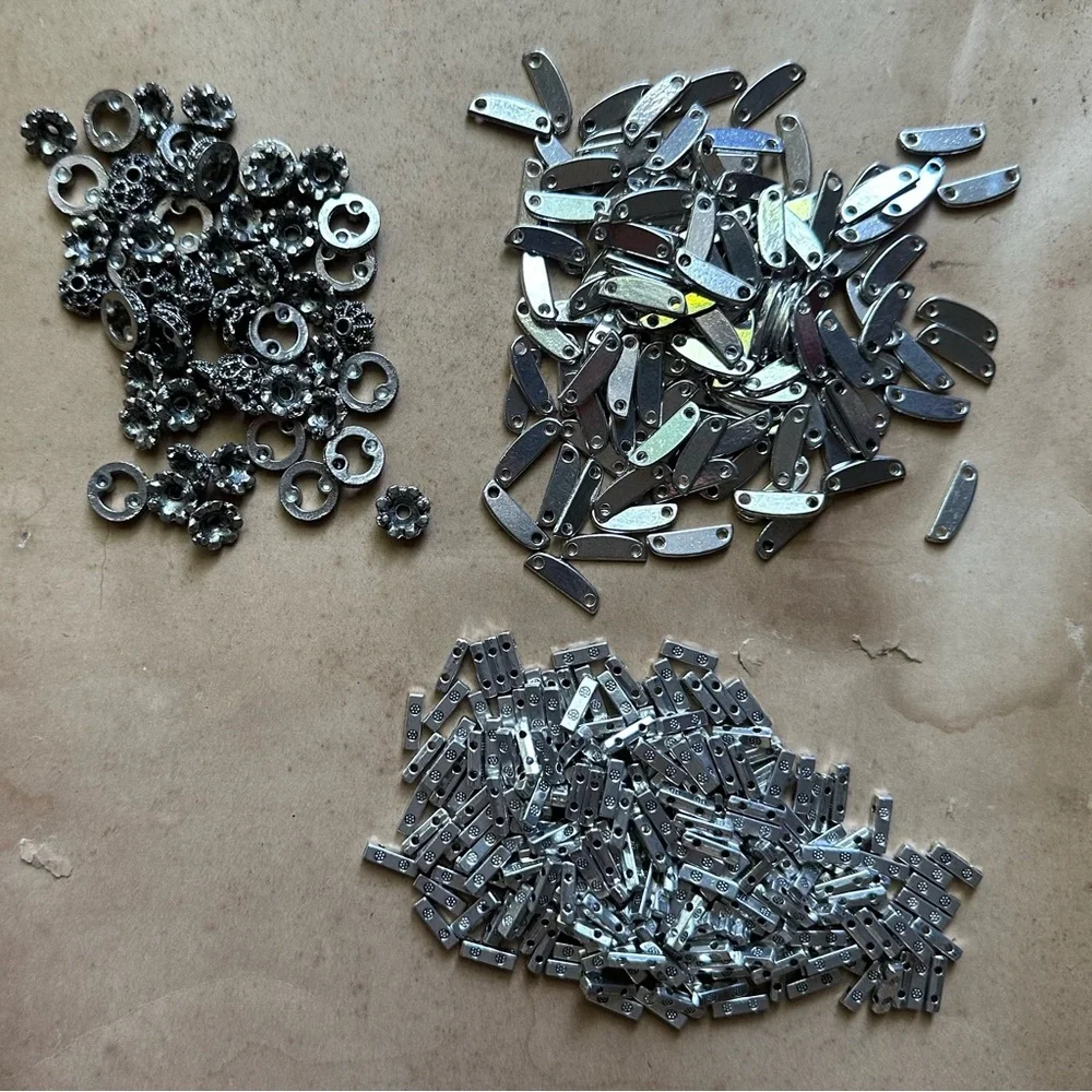 NOS lot of silver tone jewelry making findings: tila beads, caps et al. 9oz